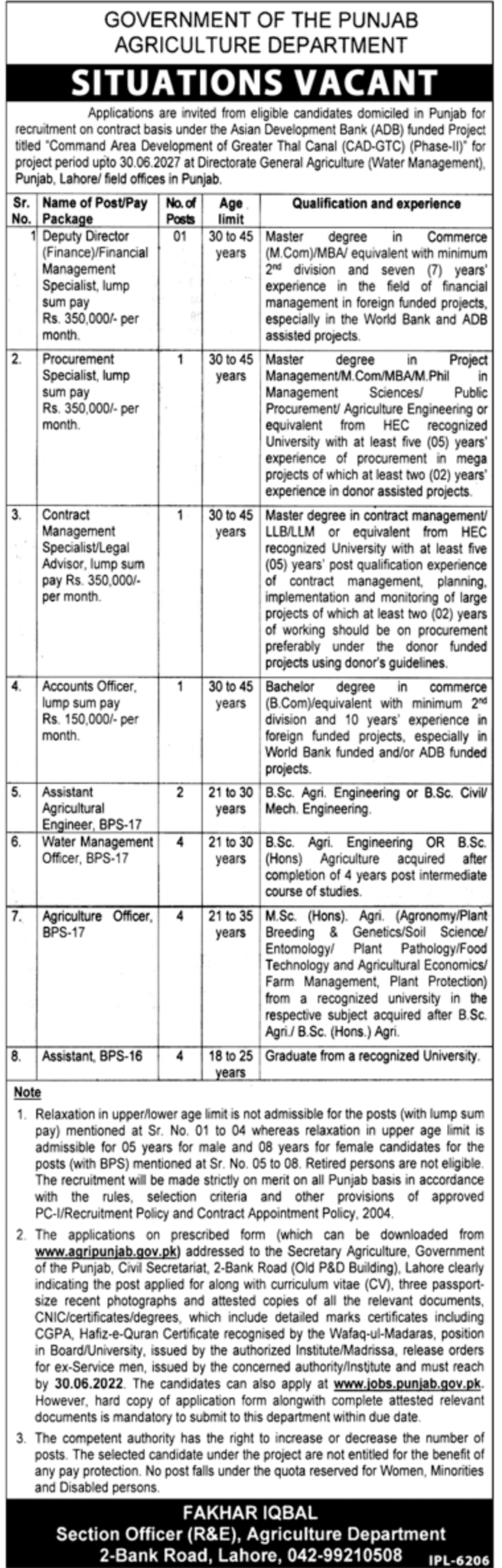 Deputy Director, Assistant Jobs Water Management in Punjab