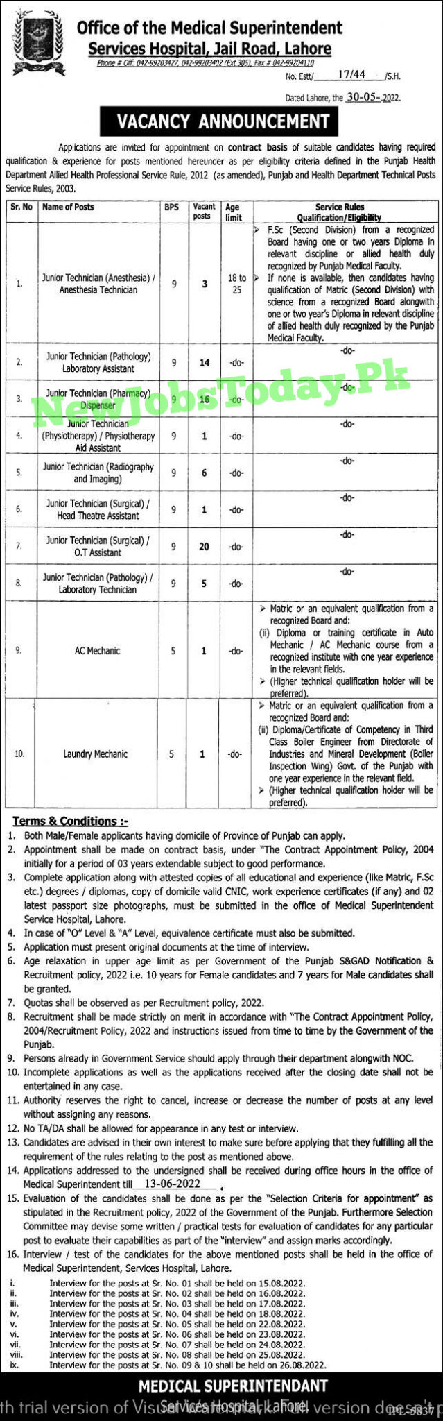 Services Hospital Jail Road Lahore Jobs 2022 || Download Application Form
