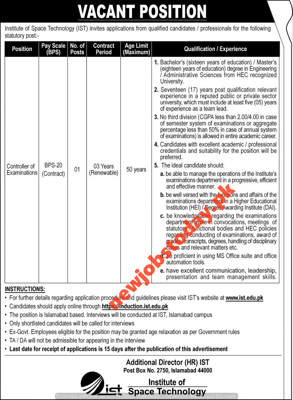 Controller of Examinations jobs in Institute of Space Technology IST 